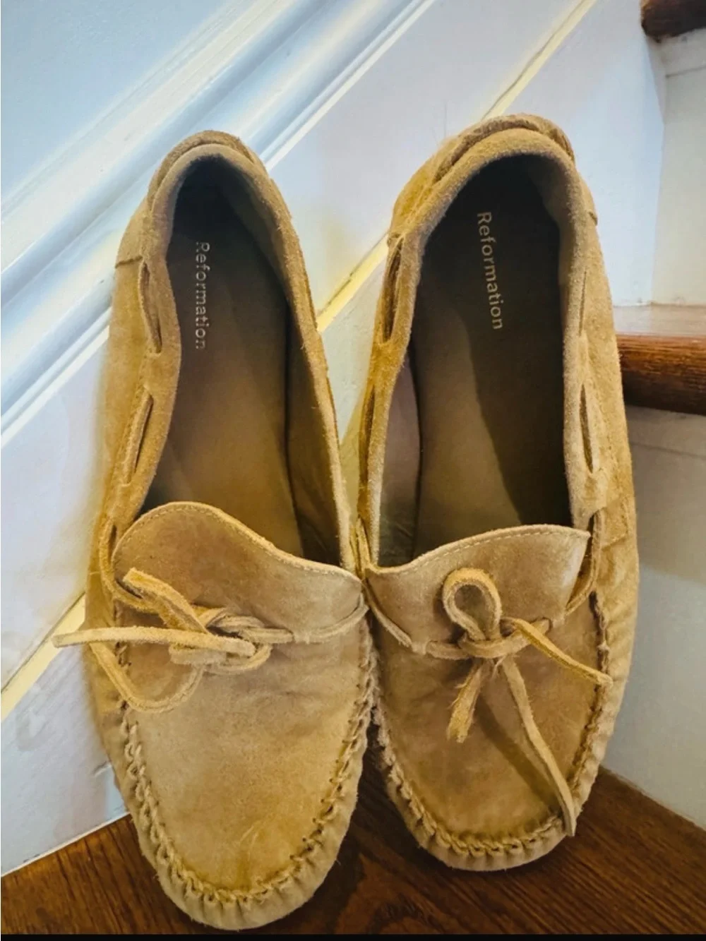 Reformation Men's Suede Moccasin Loafers in Light Brown